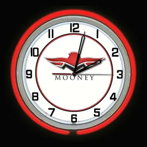 19" Mooney Aircraft Logo Sign Red Double Neon Clock Airplane Hanger Man Cave